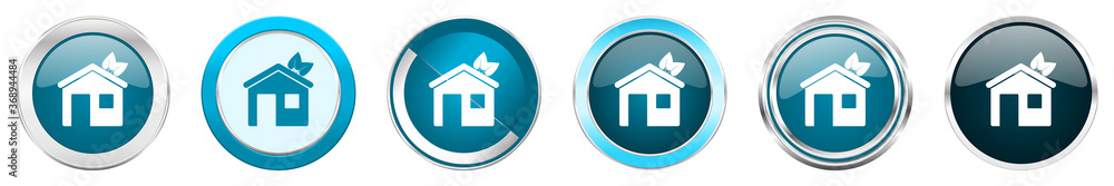 Aufkleber house silver metallic chrome border icons in 6 options, set of web blue round buttons isolated on wh