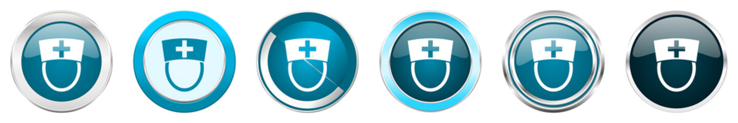 Obraz premium Nurse silver metallic chrome border icons in 6 options, set of web blue round buttons isolated on white background
