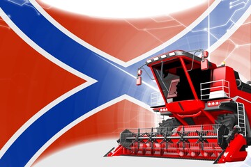 Agriculture innovation concept, red advanced rye combine harvester on Novorossia flag - digital industrial 3D illustration