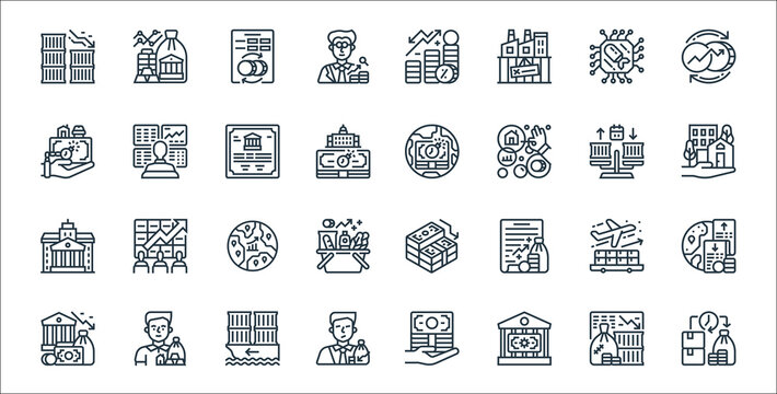 Economic Crisis Line Icons. Linear Set. Quality Vector Line Set Such As Liquidity, Bank, Investor, Financial, Export, Emerging Markets, Real Estate, Debt, Trader.