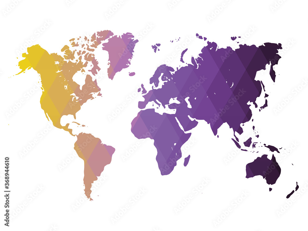 Poster map of world. yellow-violet low poly gradient of rhombus shapes. modern vector polygonal design