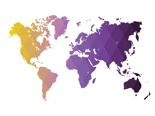 Map of World. Yellow-violet low poly gradient of rhombus shapes. Modern vector polygonal design