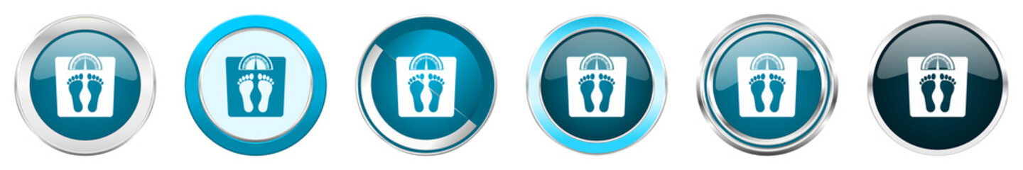Weight silver metallic chrome border icons in 6 options, set of web blue round buttons isolated on white background