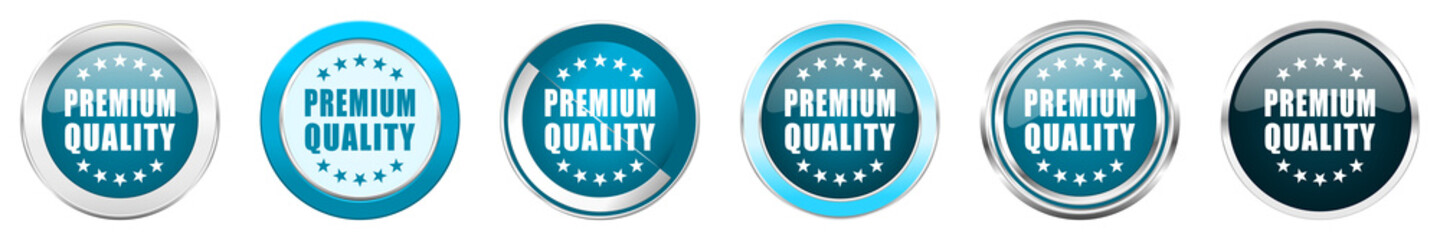 Premium quality silver metallic chrome border icons in 6 options, set of web blue round buttons isolated on white background