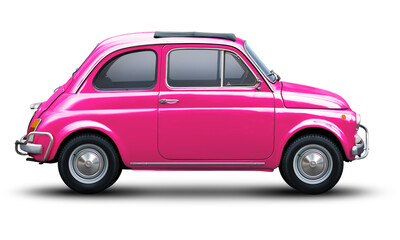 Small retro car of pink color, side view isolated on a white background. - obrazy, fototapety, plakaty