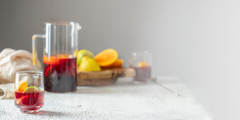 Refreshment acholic drink  sangria ,punch large background for banner. Summer beverage concept.