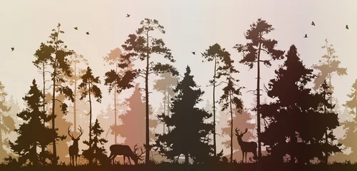Papier Peint photo Paysage fantastique forêt de pins sans soudure avec des cerfs et des oiseaux