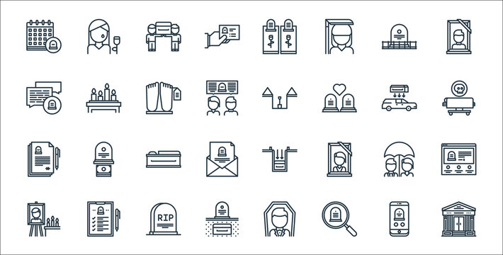 Funeral Line Icons. Linear Set. Quality Vector Line Set Such As Mausoleum, Funeral, Grave, Photography, Funeral, Coffin, Death, Grave, Candles.