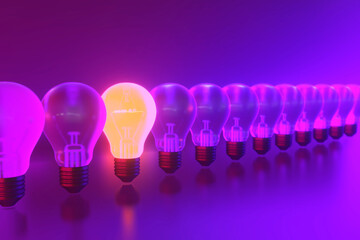 3D rendering of Bulbs, Teamwork, leadership, management and uniqueness concept. © Sondem