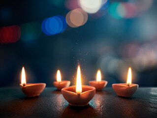Happy Diwali, Lit diya lamp on an abstract background with shallow depth of field