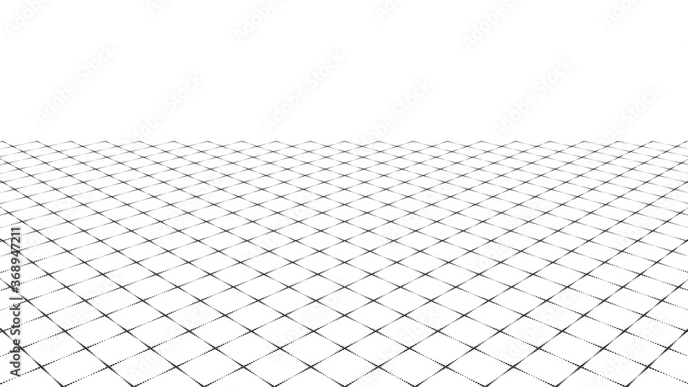 Poster wireframe mesh grid digital landscape with linear halftone dots . abstract geometric background . ve