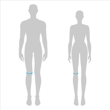Women and men to do knee measurement fashion Illustration for size chart. 7.5 head size girl and boy for site or online shop. Human body infographic template for clothes. 