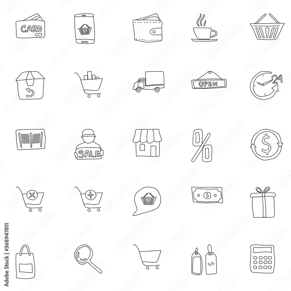 Poster shopping hand drawn linear vector icons isolated on white background. shopping doodle icon set for w
