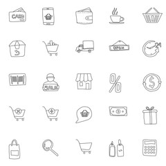 shopping hand drawn linear vector icons isolated on white background. shopping doodle icon set for web and ui design, mobile apps and print products
