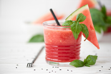 red watermelon and fresh basil smoothie