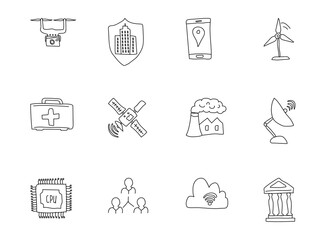 smart city doodles isolated on white. smart city icon set for web design, user interface, mobile apps and print