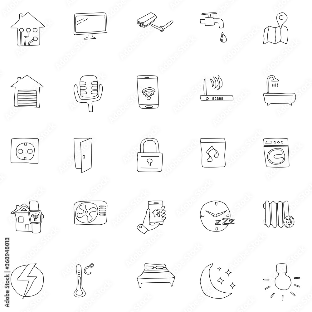 Poster smart house hand drawn linear doodles isolated on white background.smart house icon set for web and 