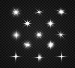 Set of bright beautiful stars. Light effect. Bright Star. Beautiful light to illustrate. Christmas star. White glitter sparkles with special light effect. Vector sparkles on a transparent background.