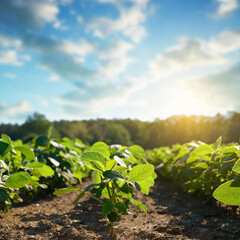 Growing green soybeans plant on field. Soy plantation at sunset.