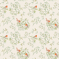 Beautiful seamless pattern with watercolor mistletoe plant leaves with robin birds. Stock illustraqtion.