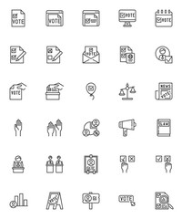 Voting and election line icons set. linear style symbols collection, outline signs pack. vector graphics. Set includes icons as hand voting ballot box, politician speaker, candidates debate, vote here
