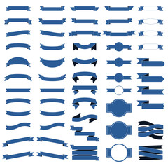 Vector set of 55 ribbons, navy colored flat ribbon. White background.