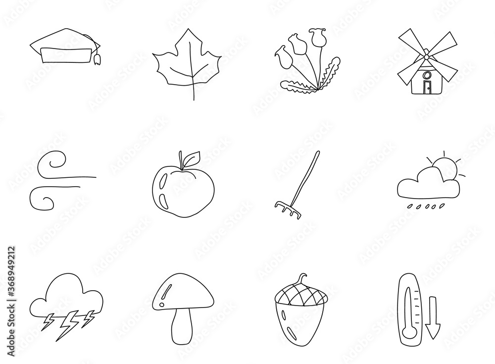 Poster autumn hand drawn linear vector icons isolated on white background.autumn doodle icon set for web an