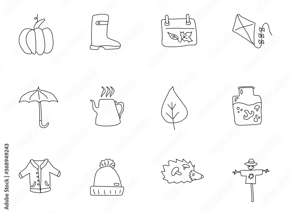 Poster autumn doodles isolated on white. autumn icon set for web design, user interface, mobile apps and pr