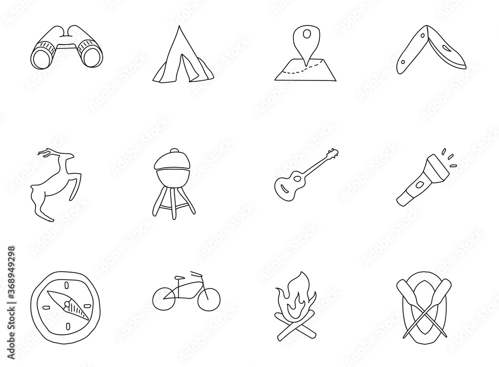 Poster camping hand drawn linear vector icons isolated on white background. camping doodle icon set for web