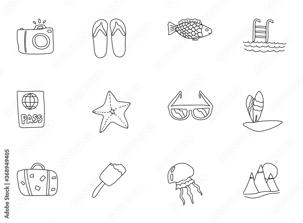 Poster summer doodles isolated on white. summer icon set for web design, user interface, mobile apps and pr