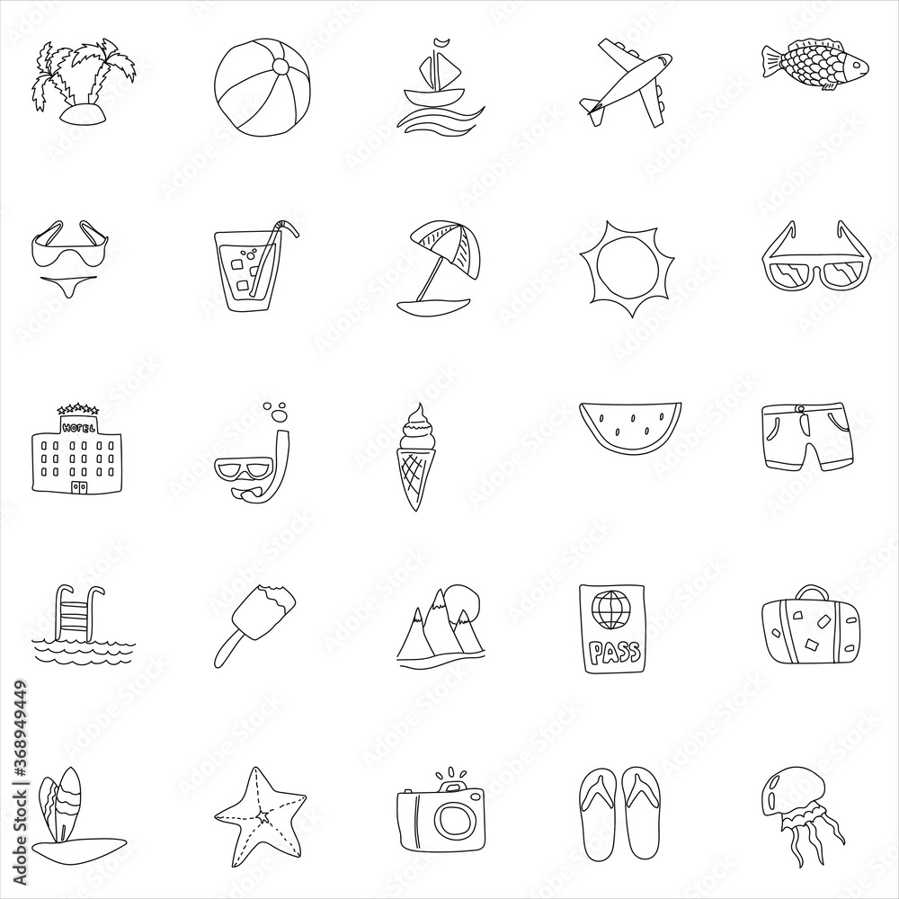 Poster summer hand drawn linear doodles isolated on white background. summer icon set for web and ui design
