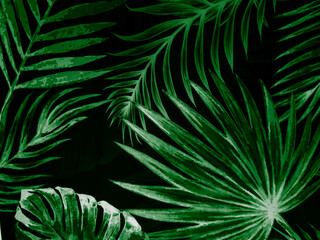 Beautiful abstract green flowers on dark background and blue flower frame and green leaves texture, green background, colorful graphics banner