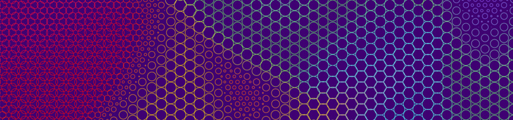 Abstract panoramic colorful halftone wide background. Panorama, Modern gradient Multicolor Backdrop with circles. Vector illustration.