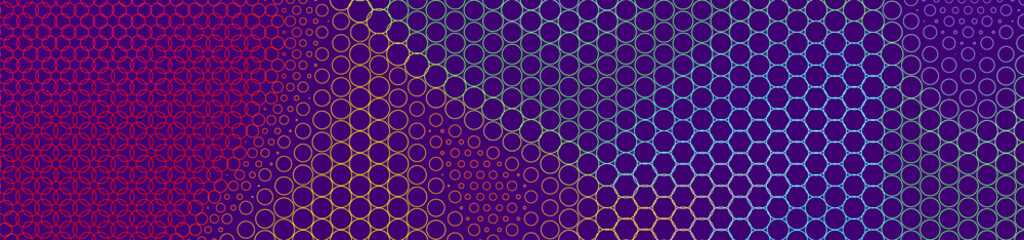 Abstract panoramic colorful halftone wide background. Panorama, Modern gradient Multicolor Backdrop with circles. Vector illustration.