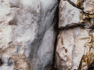 Huge yellow strange stone near sea. Alien planet landscape, rock formations. Dramatic toned photo...
