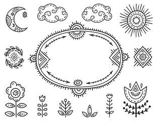 The set of decorative elements is stylized as children's drawing in the Scandinavian style. Funny cartoon kids coloring book. Folk art. Flower, moon, arrows, frame for an inscription or explanation.