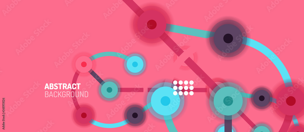 Poster flat style geometric abstract background, round dots or circle connections on color background. tech