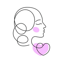 Continuous line profile, fashion concept, minimalist print of a girl with a heart, vector illustration.