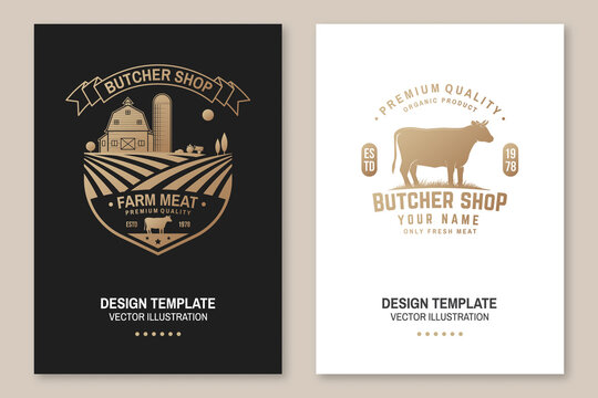 Butcher shop Badge or Label with cow, Beef, farm. Vector. Vintage typography logo design with cow silhouette. Elements on the theme of the butchery meat shop, market, restaurant business.