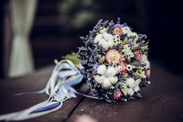 Bridal bouquet of dried flowers, wedding bouquet, lavender