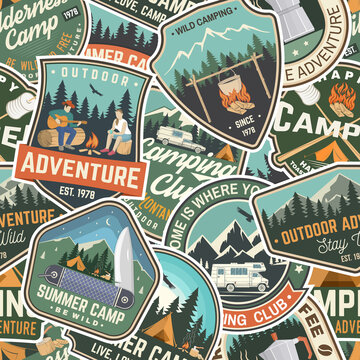 Summer camp colorful seamless pattern with rv trailer, camping tent, campfire, bear, man with guitar and forest. Vector. Background, wallpaper, seamless pattern with patches