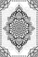 Stylized with henna tattoo decorative pattern for decorating covers book, notebook, casket, postcard and folder. Mandala and border in mehndi style. Frame in the eastern tradition.