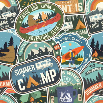 Summer camp colorful seamless pattern with rv trailer, camping tent, campfire, bear, canoe and kayak. Vector. Background, wallpaper, seamless pattern with patches