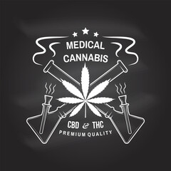 Medical cannabis badge, label with cannabis leaf and glass bong. Vector Vintage typography logo design with cannabis leaf and glass bong silhouette For weed shop, cannabis, marijuana delivery service