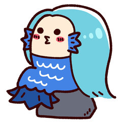 岩に座っているかわいいアマビエ　青