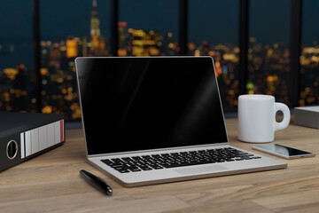 large laptop workstation on blank wooden office desk and skyline night view, 3D Illustration