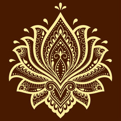 Lotus mehndi flower pattern for Henna drawing and tattoo. Decoration in oriental, Indian style. Doodle ornament. Outline hand draw vector illustration.