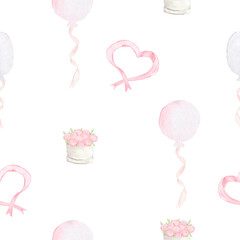 Watercolor pattern with flowers, balloons, box with roses, pink ribbon heart. Printing for textiles. Gift paper.