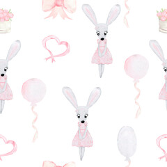 Watercolor pattern with animals. Bunny, balloon, box of roses, pink bow. Dancer. Printing for textiles. Gift paper.