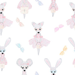 Watercolor pattern with animals. Cat, bunny and mouse with glasses. Dancers. Sunglasses. Printing for textiles. Gift paper.